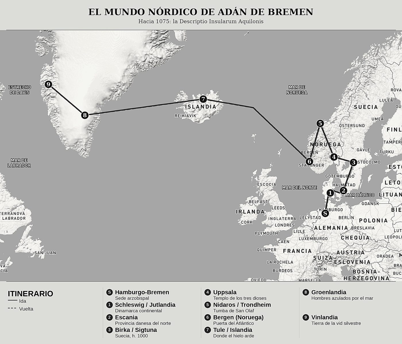 Mapa general de La descripción de las islas del Norte de Adam de Brême, norte arriba: hacia 1075: la descriptio insularum aquilonis.