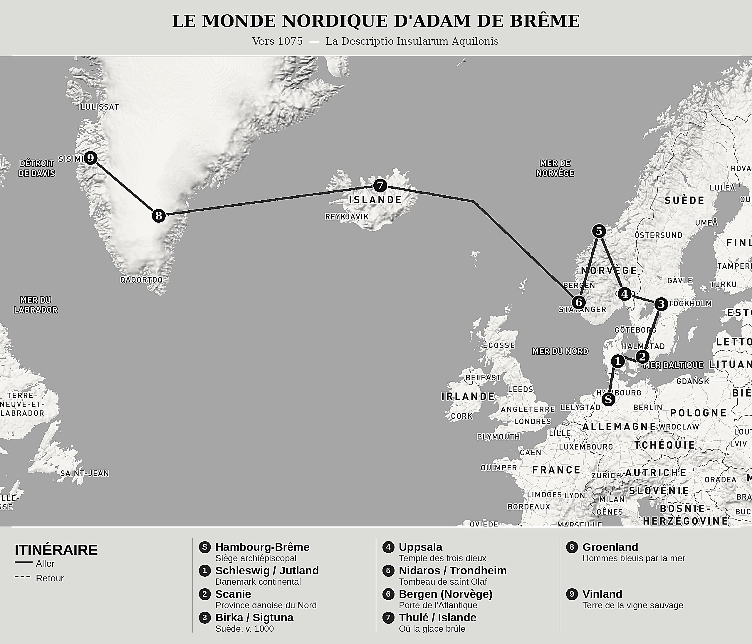 Carte d'ensemble de La Description des îles du Nord de Adam de Brême, nord en haut : vers 1075  —  la descriptio insularum aquilonis.