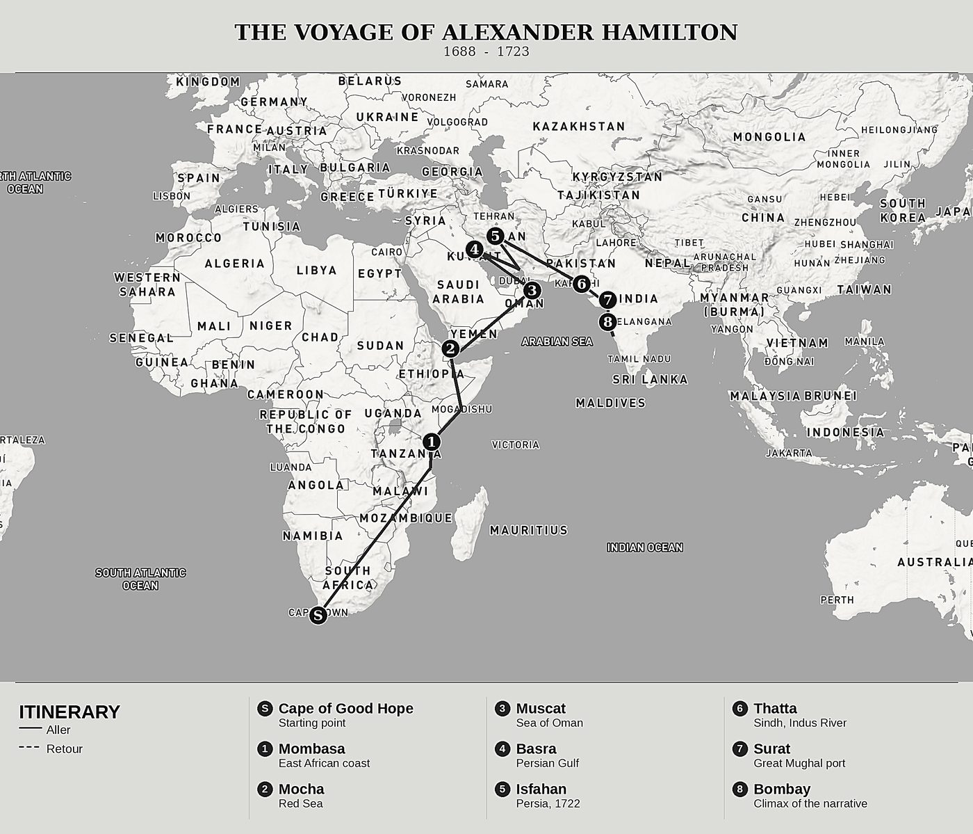 Overview map of Thirty Years on the Seas of the Indies, Volume I: Africa, Arabia and the Gateways to India by Alexander Hamilton, north at top: 1688  -  1723.