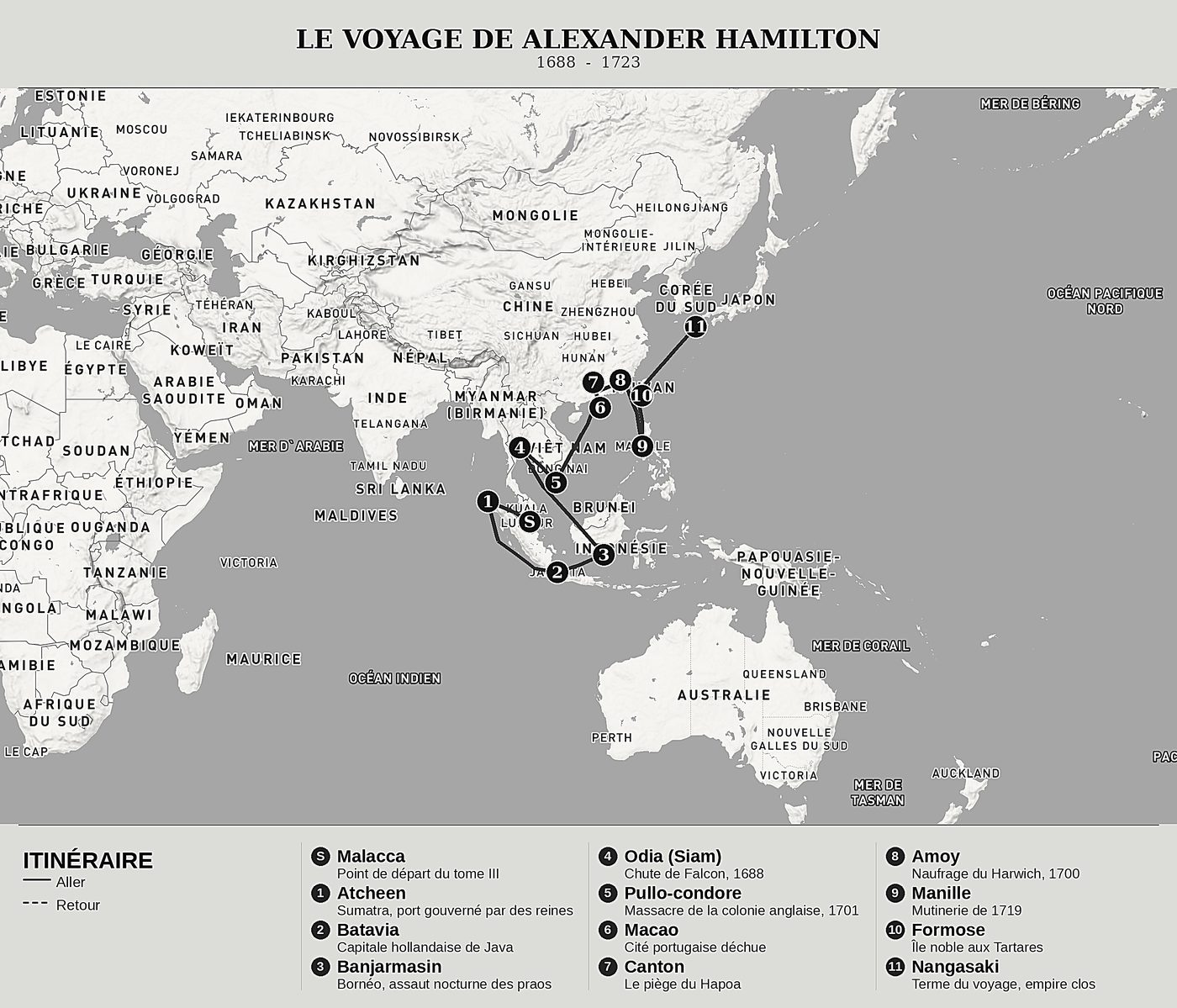 Carte d'ensemble de Trente ans sur les mers des Indes, Tome III : L'Insulinde, la Chine et le Japon de Alexander Hamilton, nord en haut : 1688  -  1723.
