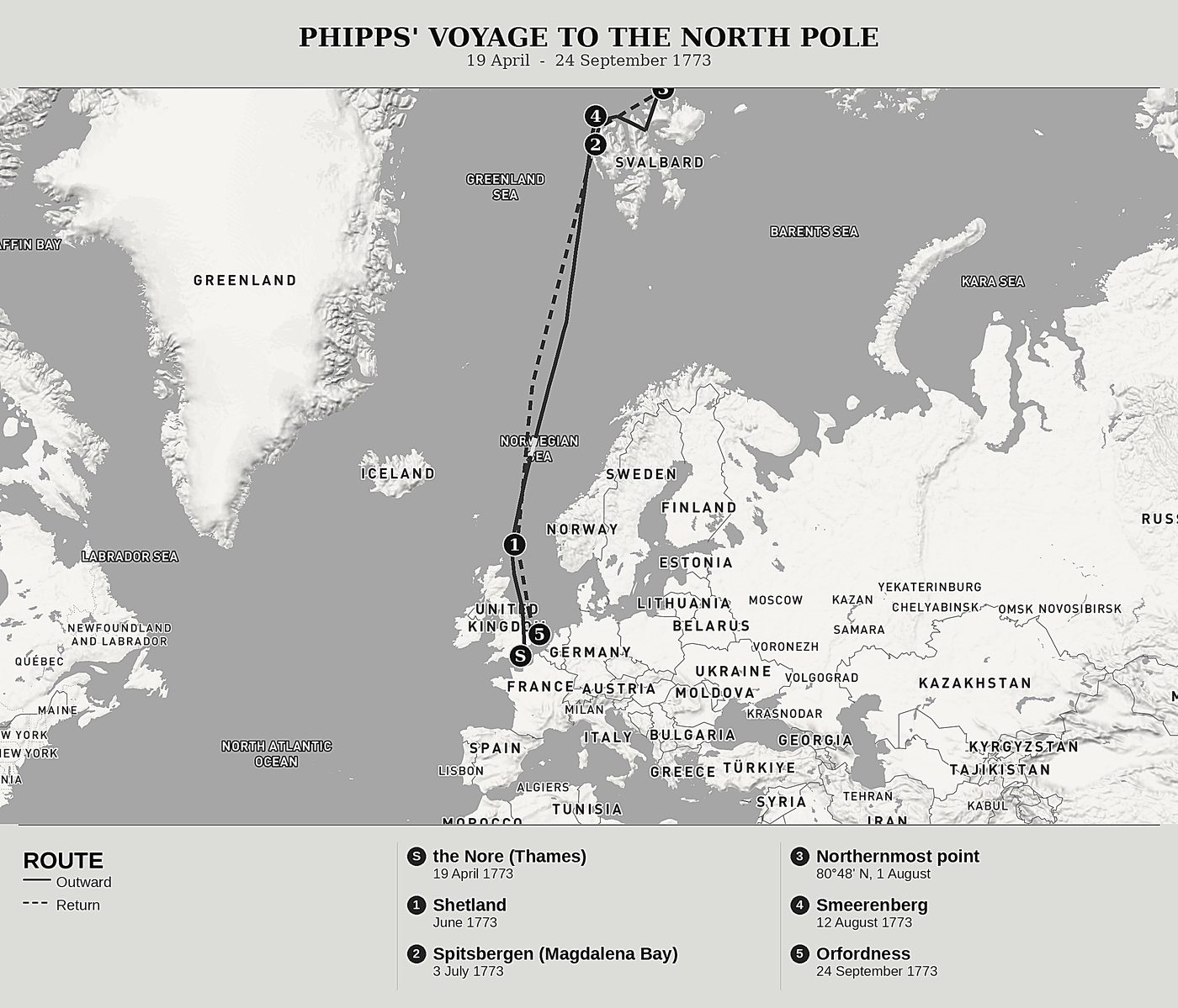 Overview map of 80°48N, Eleven Days Trapped in the Ice by Constantine John Phipps, north at top: 19 april  -  24 september 1773.