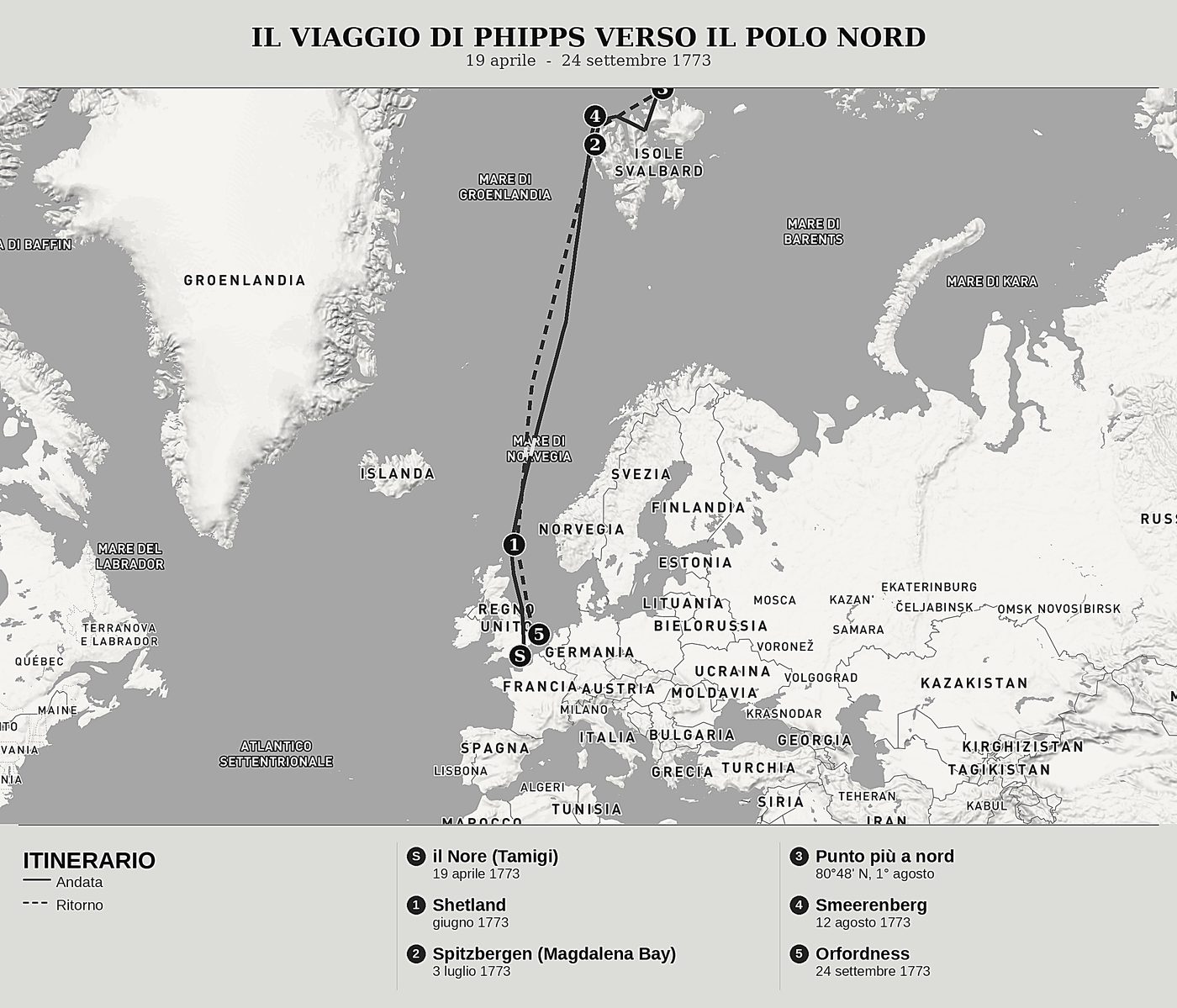 Mappa d'insieme di 80°48N, Undici giorni prigionieri dei ghiacci di Constantine John Phipps, nord in alto: 19 aprile  -  24 settembre 1773.