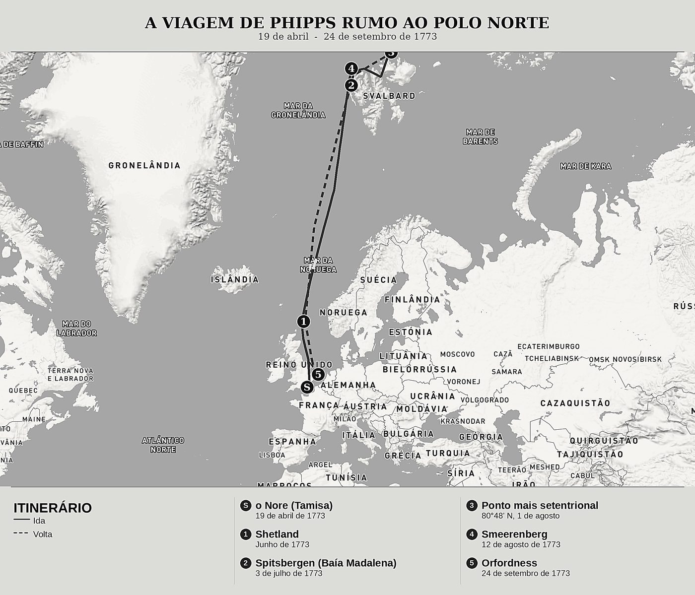 Mapa geral de 80°48N, Onze dias presos no gelo de Constantine John Phipps, norte em cima: 19 de abril  -  24 de setembro de 1773.