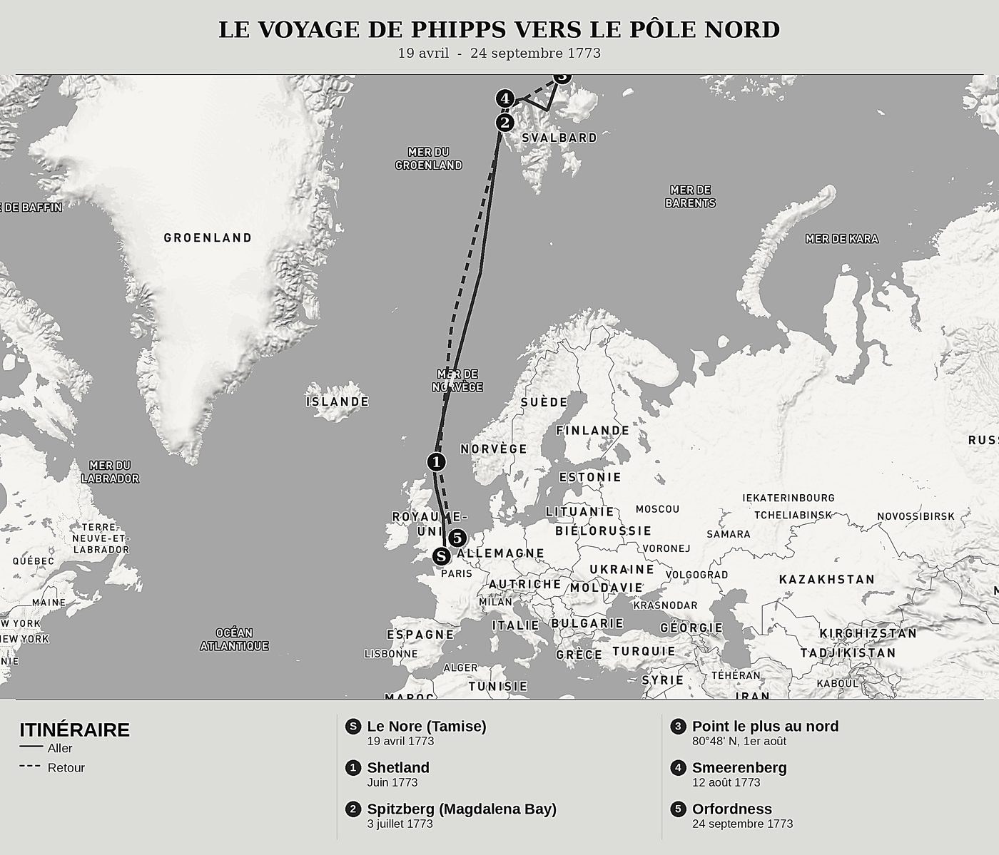 Carte d'ensemble de 80°48N, Onze jours pris dans les glaces de Constantine John Phipps, nord en haut : 19 avril  -  24 septembre 1773.