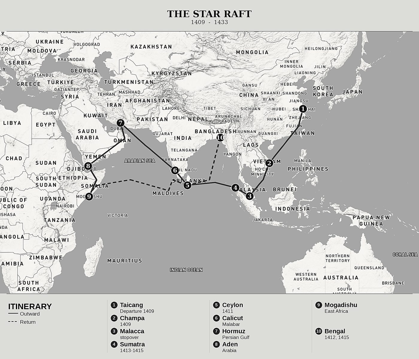 Overview map of The Star Raft by Fei Xin, north at top: 1409  -  1433.