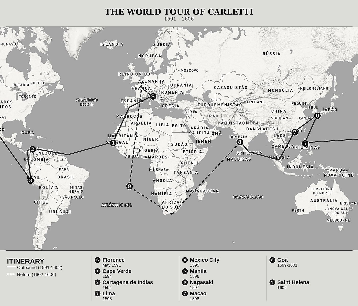 Overview map of The World Tour of Francesco Carletti by Francesco Carletti, north at top: 1591 – 1606.