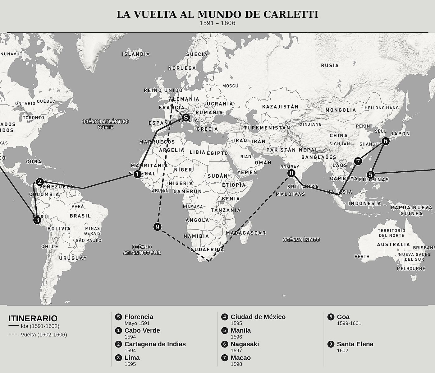 Mapa general de La vuelta al mundo de Francesco Carletti de Francesco Carletti, norte arriba: 1591 – 1606.