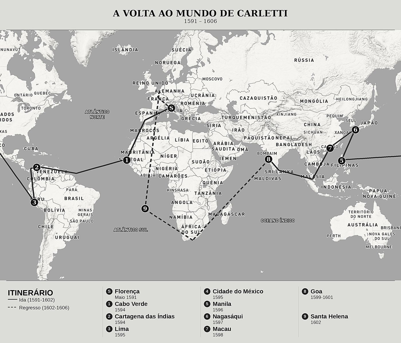 Mapa geral de A volta ao mundo de Francesco Carletti de Francesco Carletti, norte em cima: 1591 – 1606.