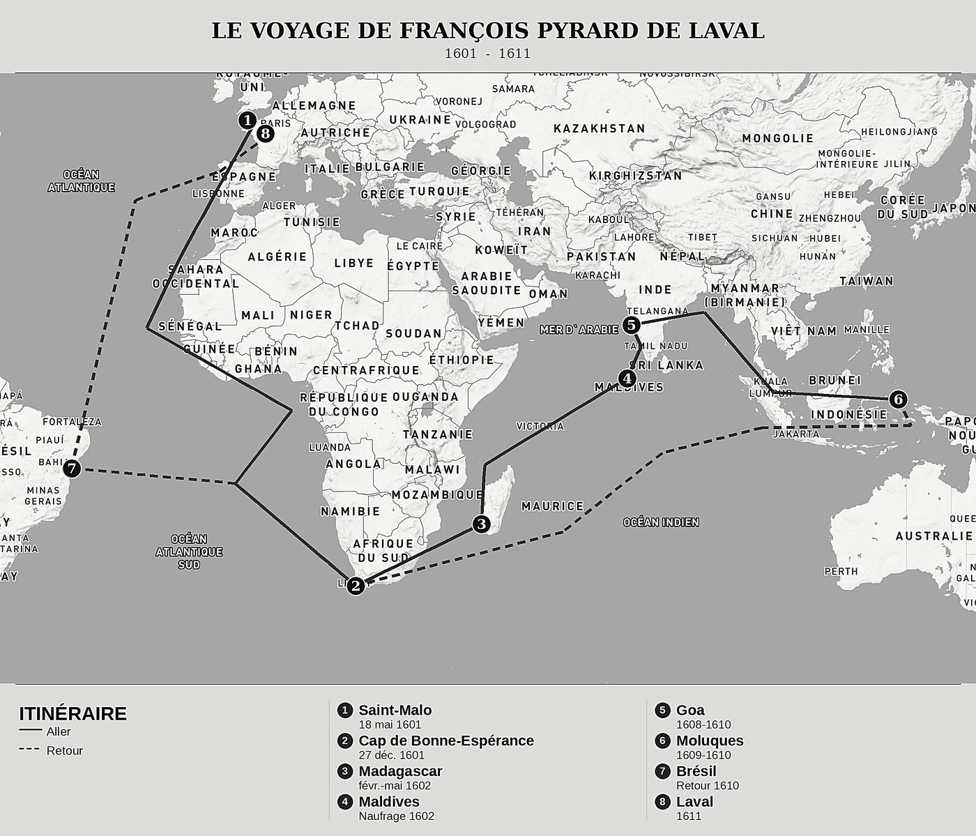 Carte d'ensemble de Voyage aux Indes Orientales de François Pyrard de Laval, nord en haut : 1601  -  1611.