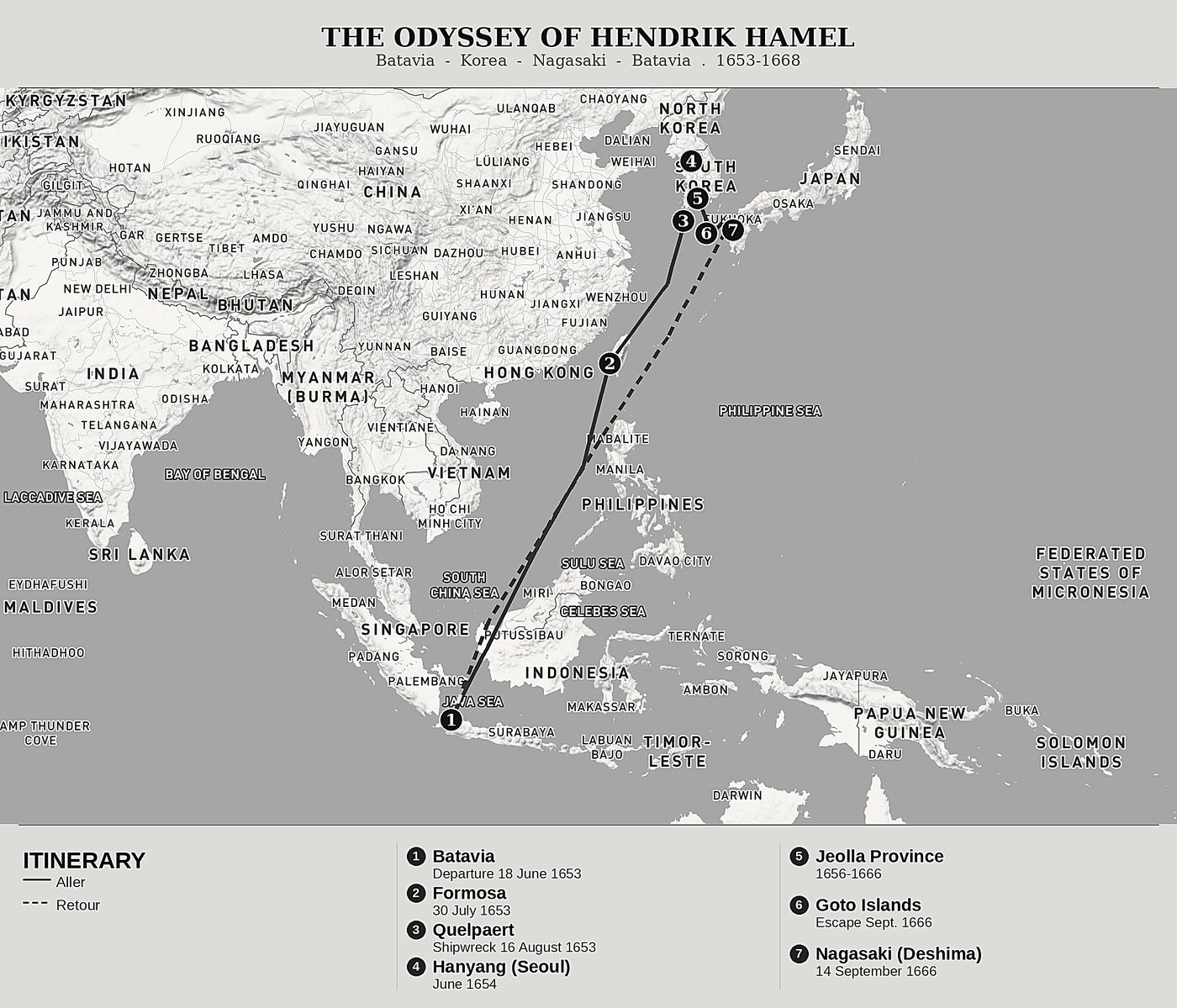 Overview map of Shipwrecked and Captive in Korea by Hendrik Hamel, north at top: batavia  -  korea  -  nagasaki  -  batavia  .  1653-1668.