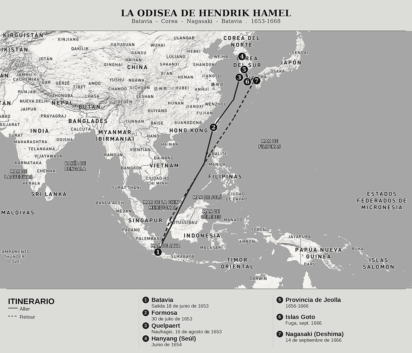 Mapa general de Naufragio y cautiverio en Corea de Hendrik Hamel, norte arriba: batavia  -  corea  -  nagasaki  -  batavia  .  1653-1668.