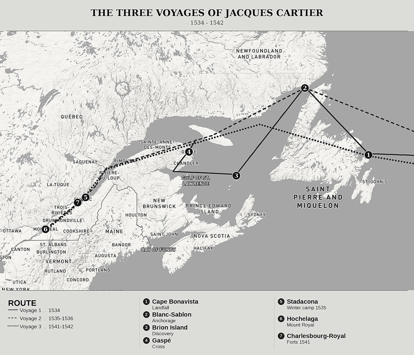 Overview map of Travel Journals in New France by Jacques Cartier, north at top: 1534 - 1542.