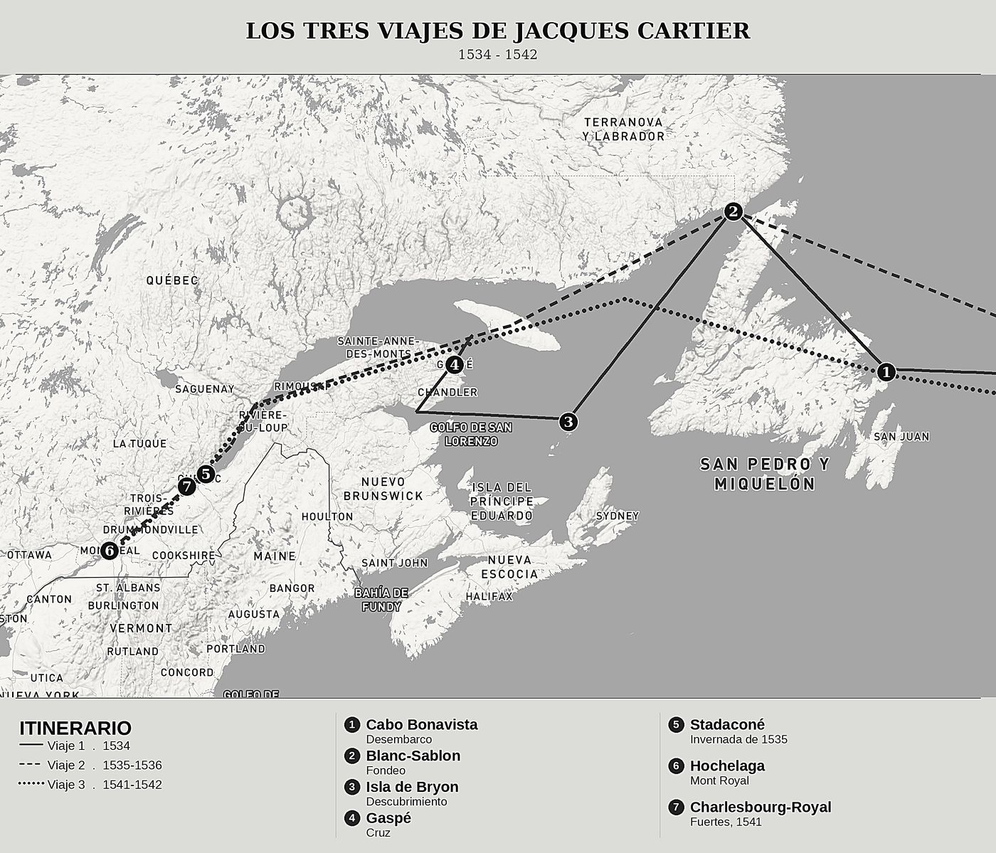 Mapa general de Diarios de viaje en Nueva Francia de Jacques Cartier, norte arriba: 1534 - 1542.