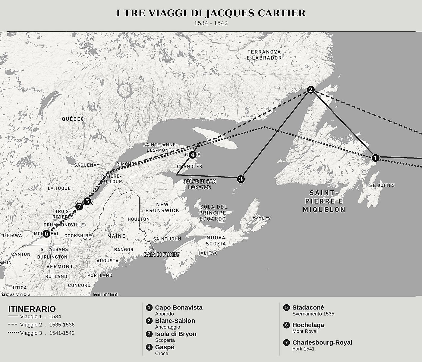 Mappa d'insieme di Diari di viaggio in Nuova Francia di Jacques Cartier, nord in alto: 1534 - 1542.