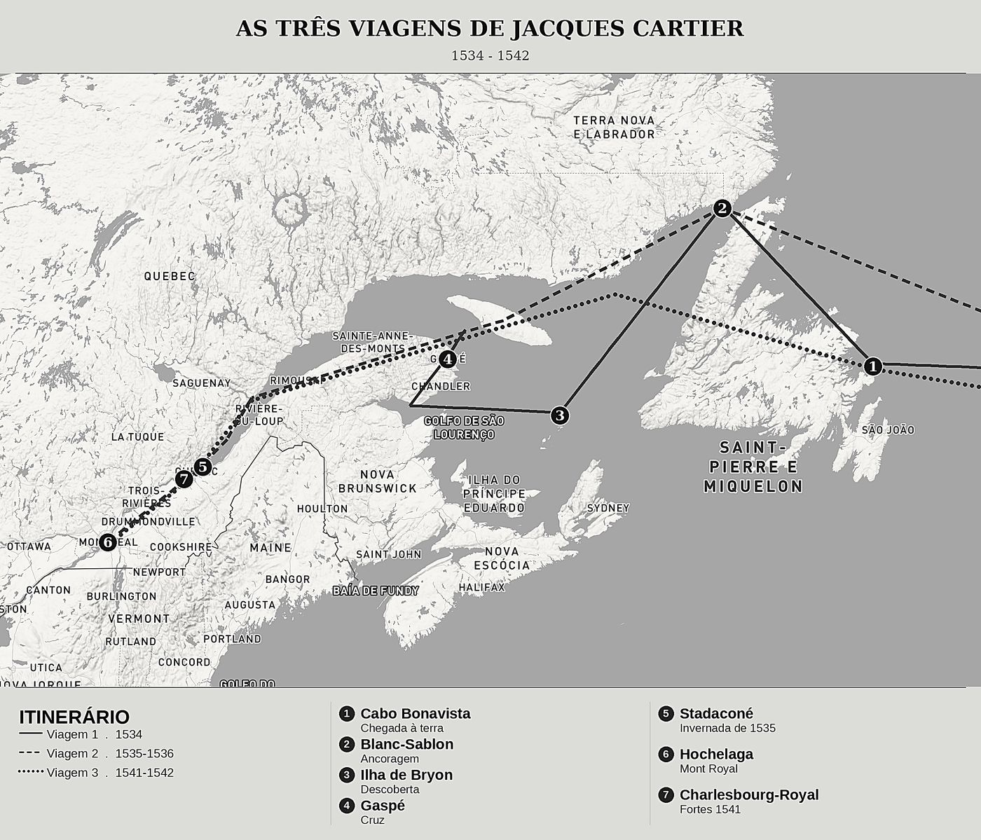 Mapa geral de Diários de Viagem na Nova França de Jacques Cartier, norte em cima: 1534 - 1542.