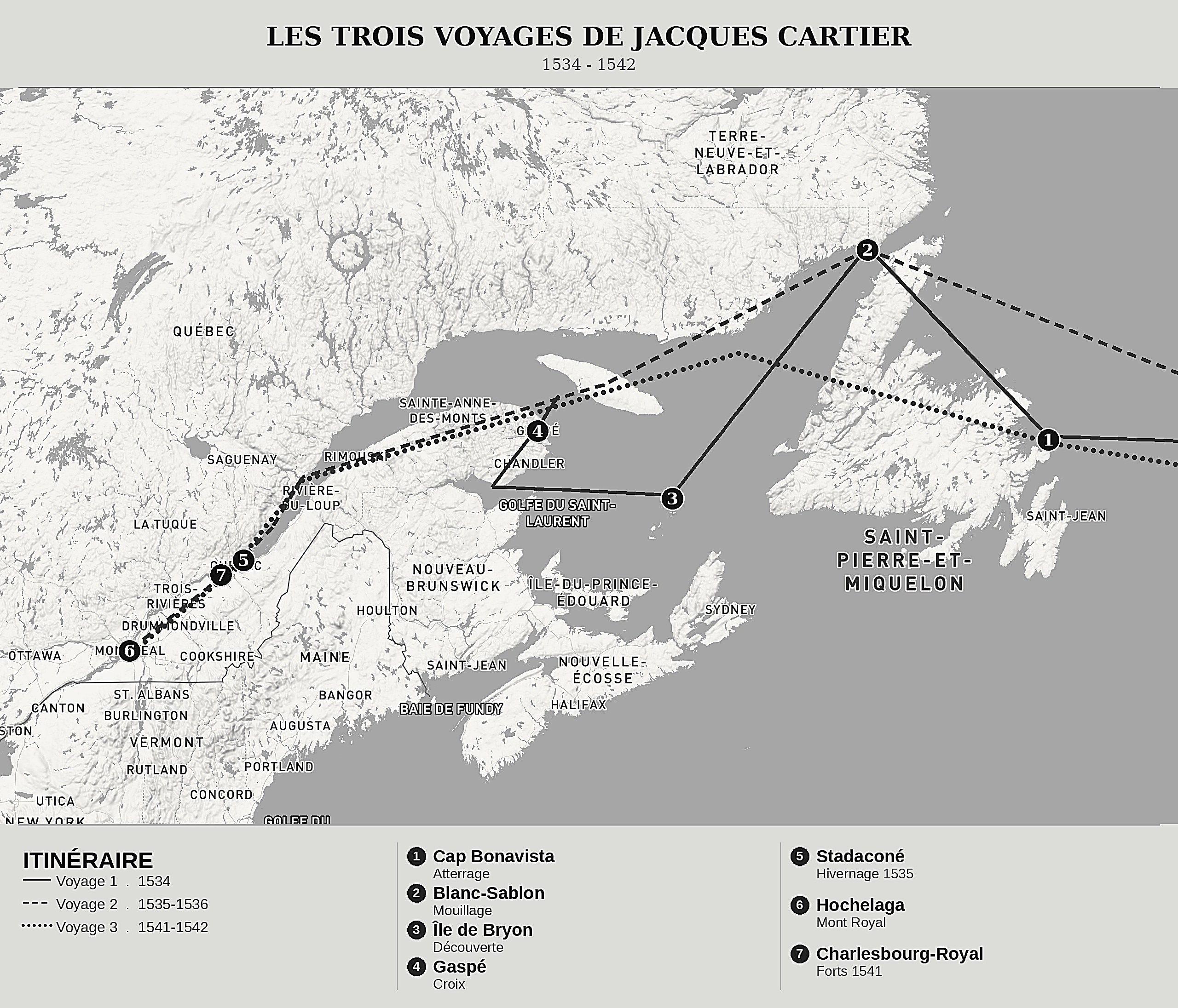 Carte d'ensemble de Carnets de voyages en Nouvelle-France de Jacques Cartier, nord en haut : 1534 - 1542.