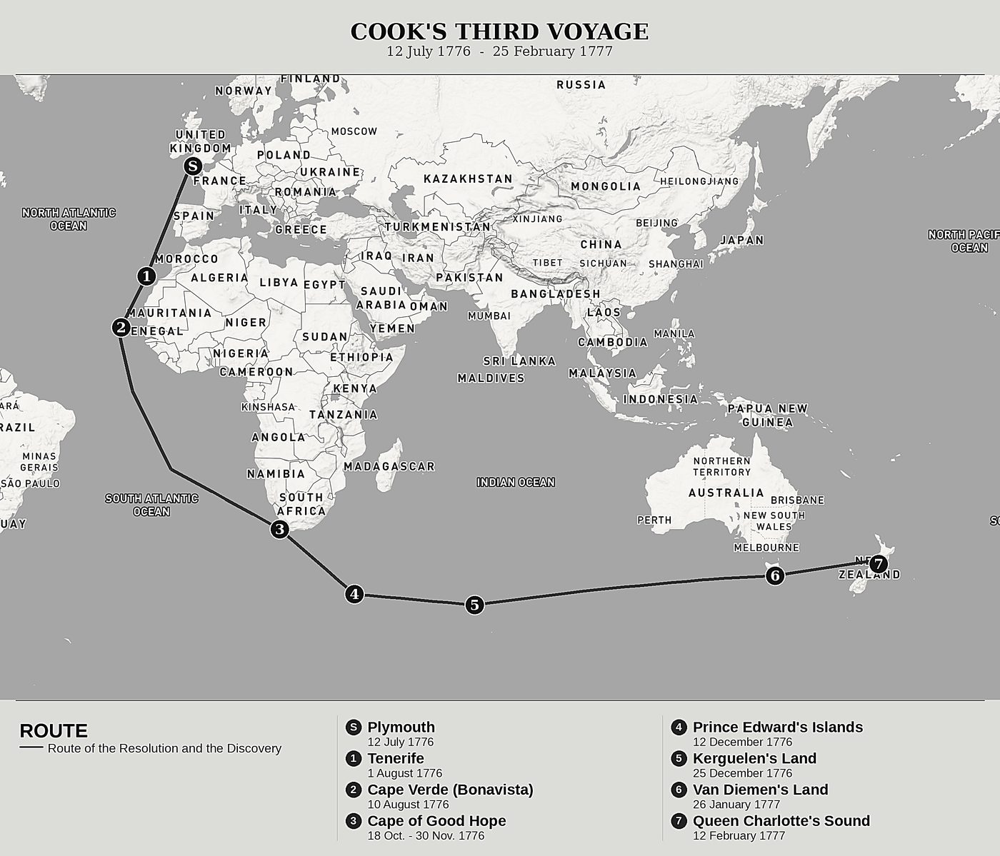 Overview map of Cook's Last Voyage, Volume I: The Cape of Good Hope, the Kerguelen Islands and New Zealand by James Cook, north at top: 12 july 1776  -  25 february 1777.