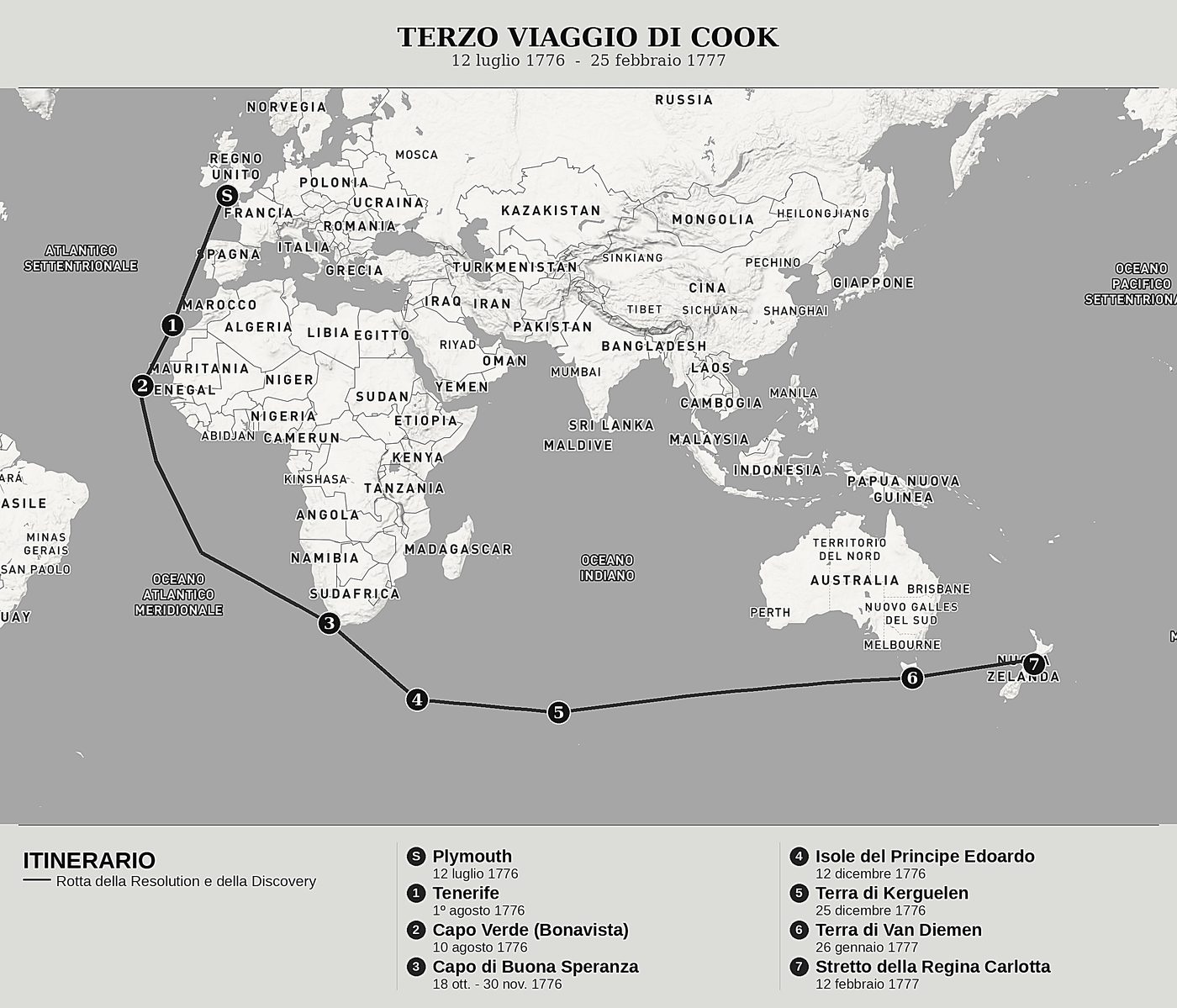 Mappa d'insieme di L'ultimo viaggio di Cook, Tomo I: Capo di Buona Speranza, le Kerguelen e la Nuova Zelanda di James Cook, nord in alto: 12 luglio 1776  -  25 febbraio 1777.