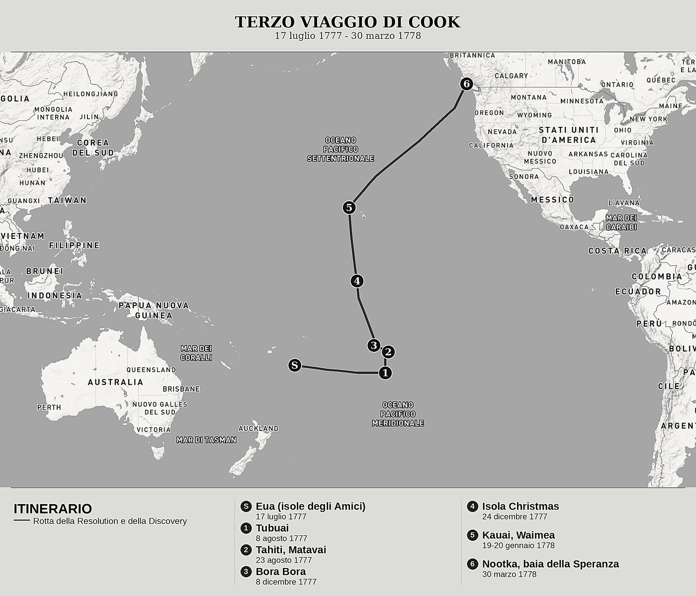 Mappa d'insieme di L'ultimo viaggio di Cook, Tomo III: Tahiti, le isole della Società e la scoperta delle Hawaii di James Cook, nord in alto: 17 luglio 1777 - 30 marzo 1778.