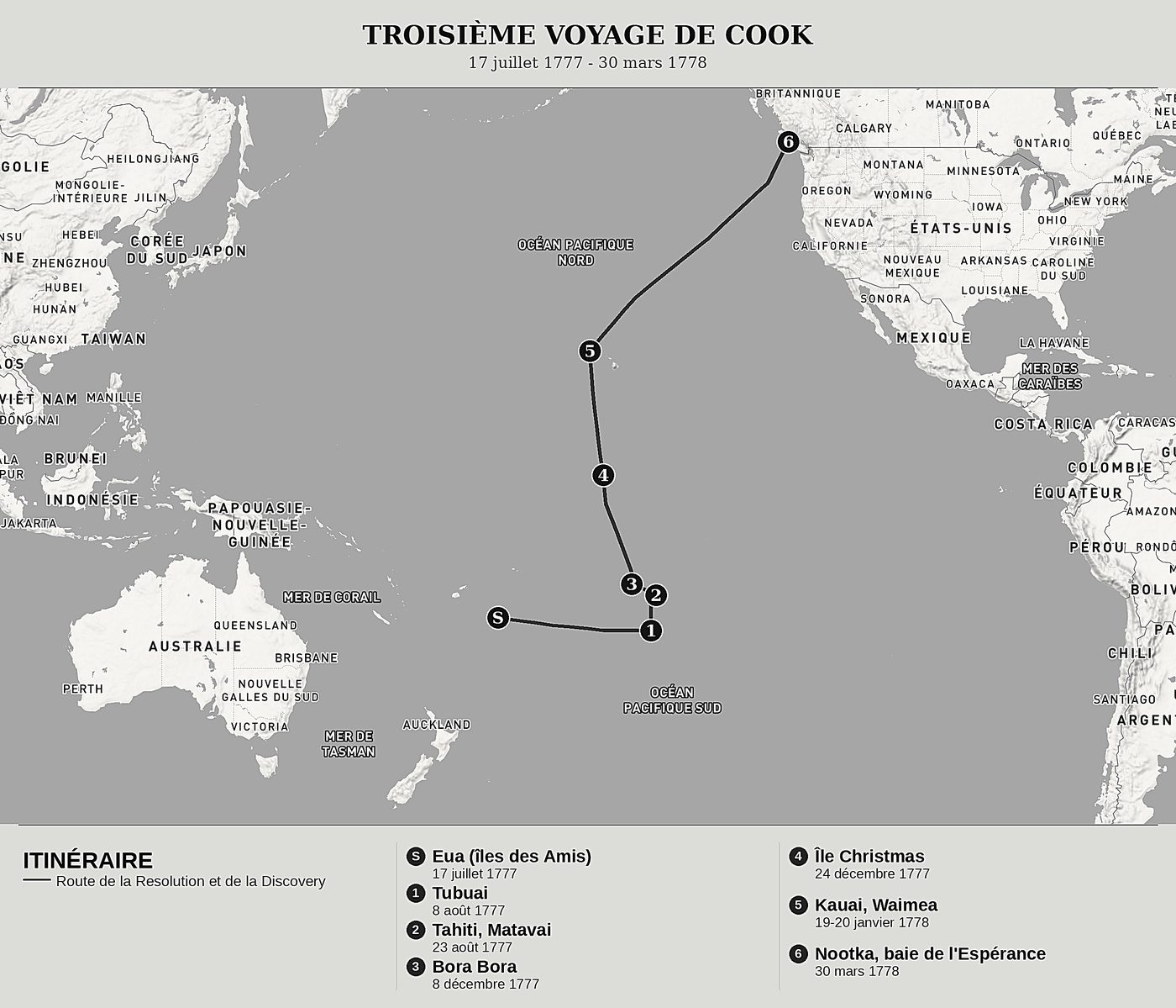 Carte d'ensemble de Le Dernier Voyage de Cook, Tome III : Tahiti, les îles de la Société et la découverte d'Hawaï de James Cook, nord en haut : 17 juillet 1777 - 30 mars 1778.