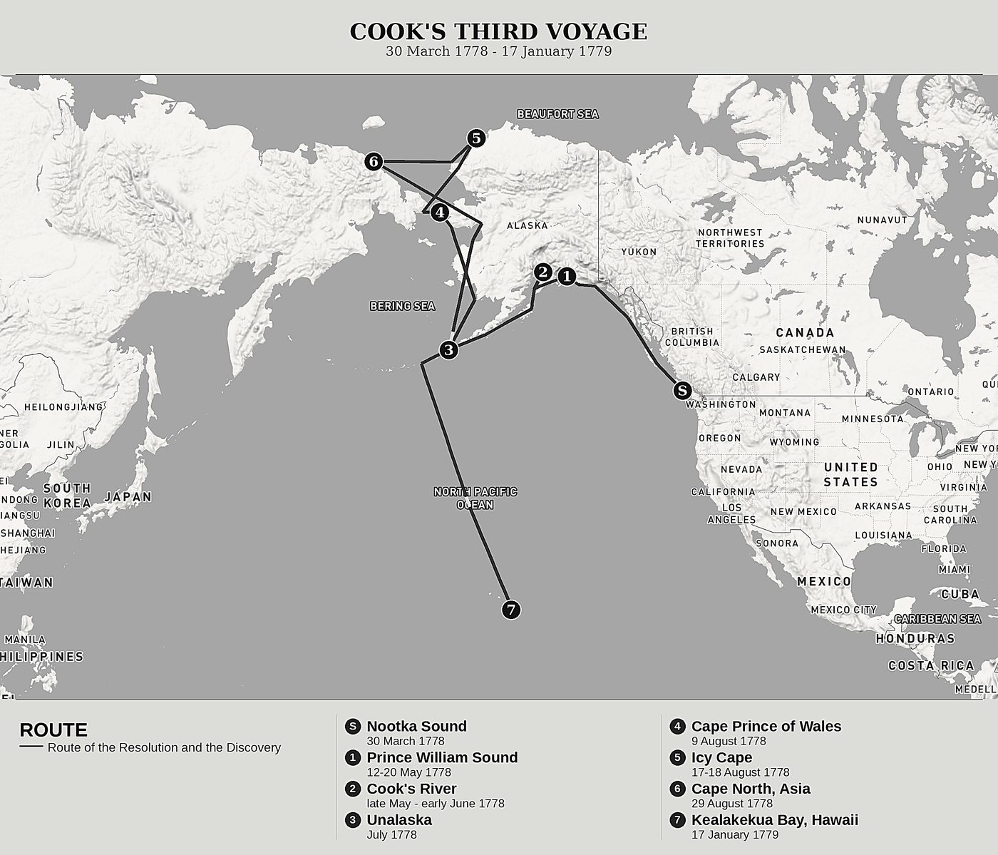 Overview map of Cook's Last Voyage, Volume IV: The Coast of America, the Bering Strait and the Arctic Ice by James Cook, north at top: 30 march 1778 - 17 january 1779.