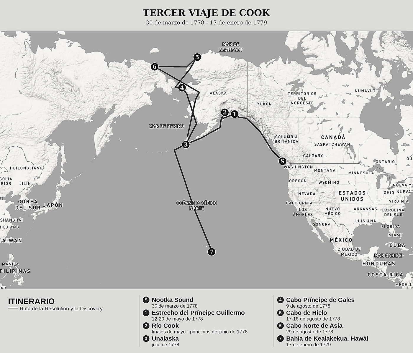 Mapa general de El último viaje de Cook, Tomo IV: La costa de América, el estrecho de Bering y los hielos del Ártico de James Cook, norte arriba: 30 de marzo de 1778 - 17 de enero de 1779.