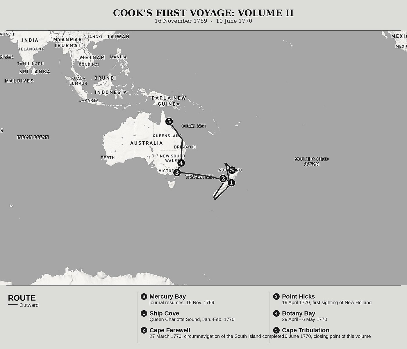 Overview map of The Journal of the Endeavour, Volume II: Around New Zealand and the Coast of New Holland by James Cook, north at top: 16 november 1769  -  10 june 1770.