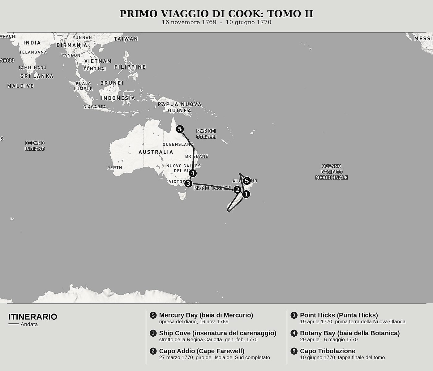 Mappa d'insieme di Il giornale dell'Endeavour, Tomo II: Il giro della Nuova Zelanda e la costa della Nuova Olanda di James Cook, nord in alto: 16 novembre 1769  -  10 giugno 1770.
