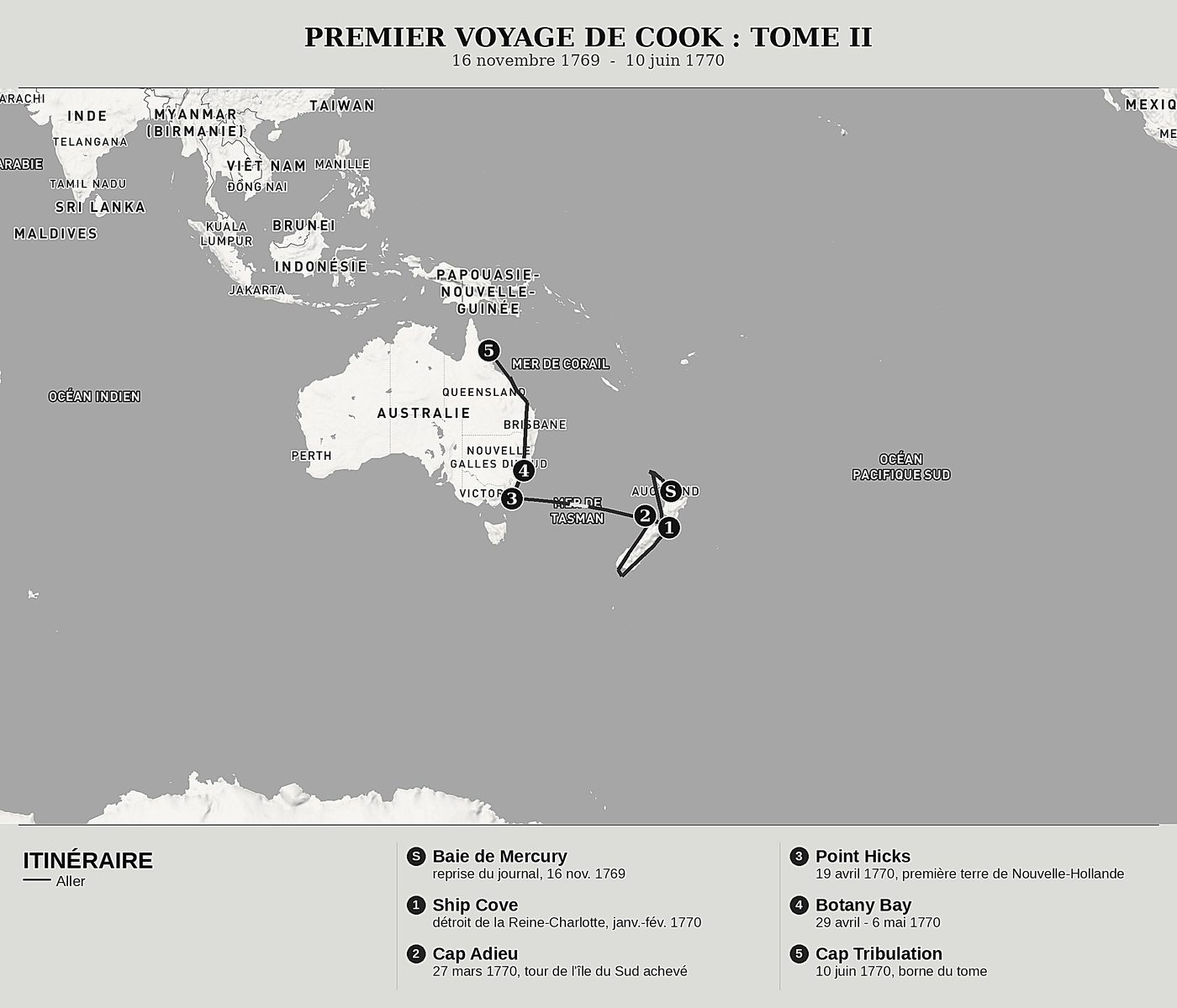 Carte d'ensemble de Le Journal de l’Endeavour, Tome II : Le tour de la Nouvelle-Zélande et la côte de la Nouvelle-Hollande de James Cook, nord en haut : 16 novembre 1769  -  10 juin 1770.