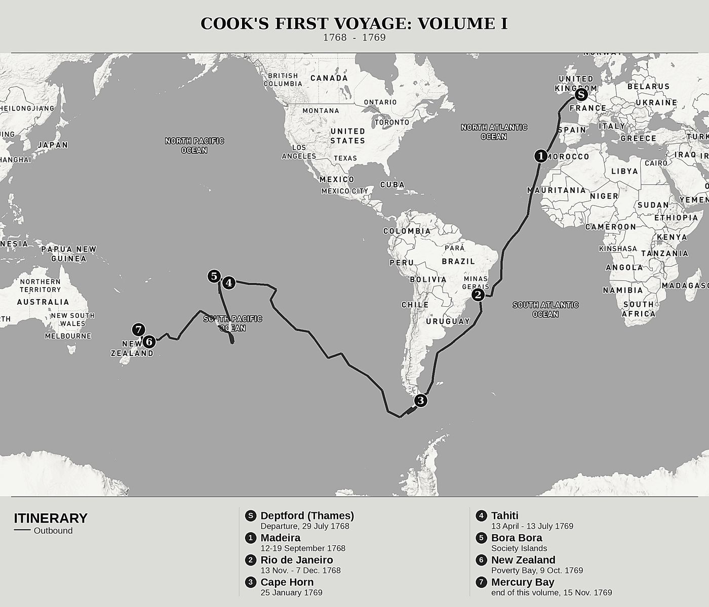 Overview map of The Journal of the Endeavour, Volume I: Cape Horn, Tahiti and the Shores of New Zealand by James Cook, north at top: 1768  -  1769.
