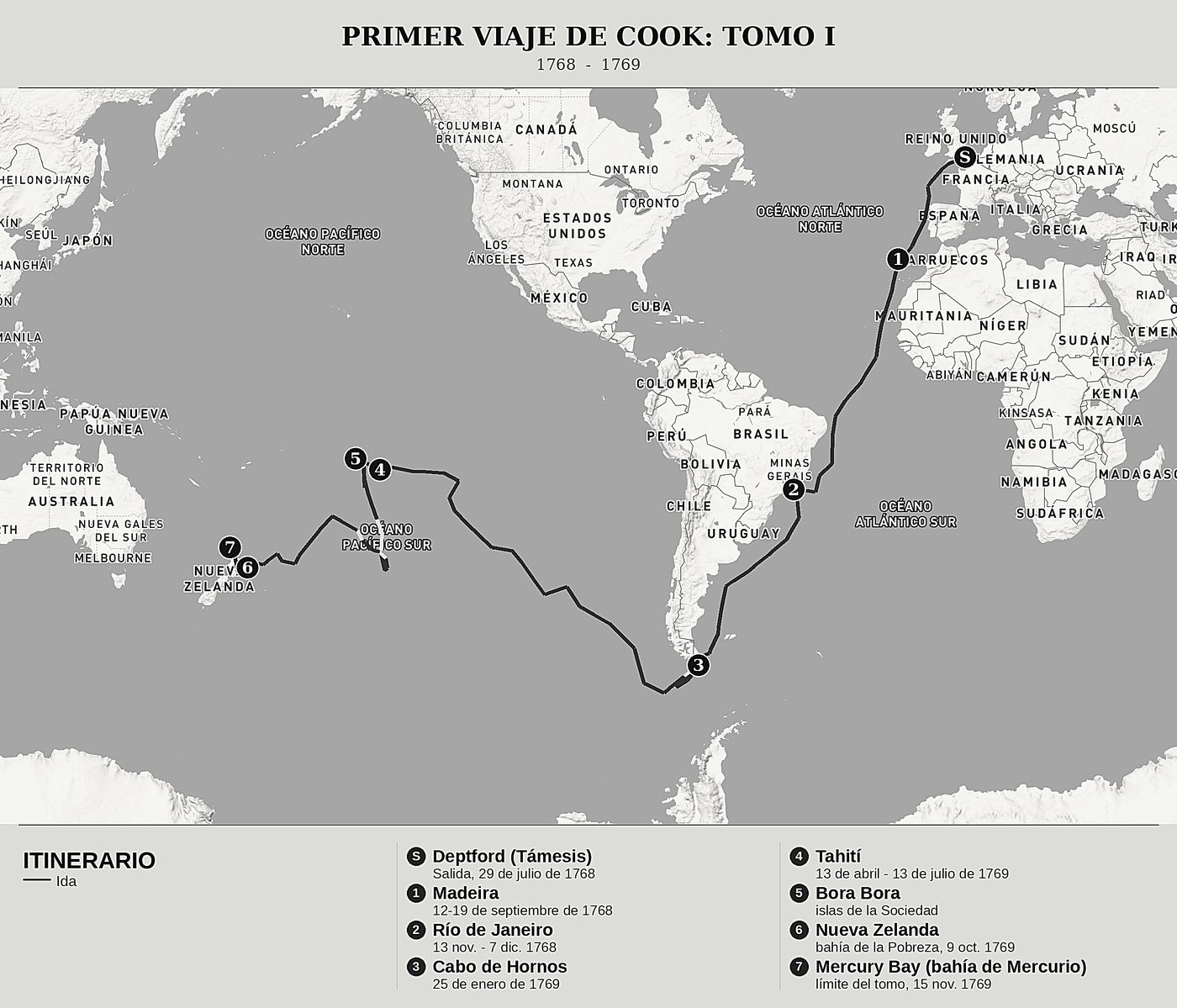 Mapa general de El diario del Endeavour, Tomo I: Cabo de Hornos, Tahití y las costas de Nueva Zelanda de James Cook, norte arriba: 1768  -  1769.