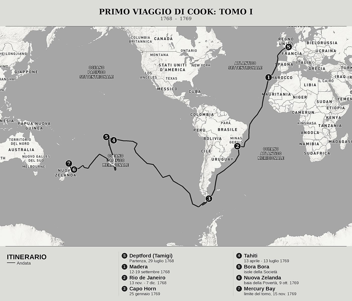 Mappa d'insieme di Il giornale dell'Endeavour, Tomo I: Capo Horn, Tahiti e le coste della Nuova Zelanda di James Cook, nord in alto: 1768  -  1769.