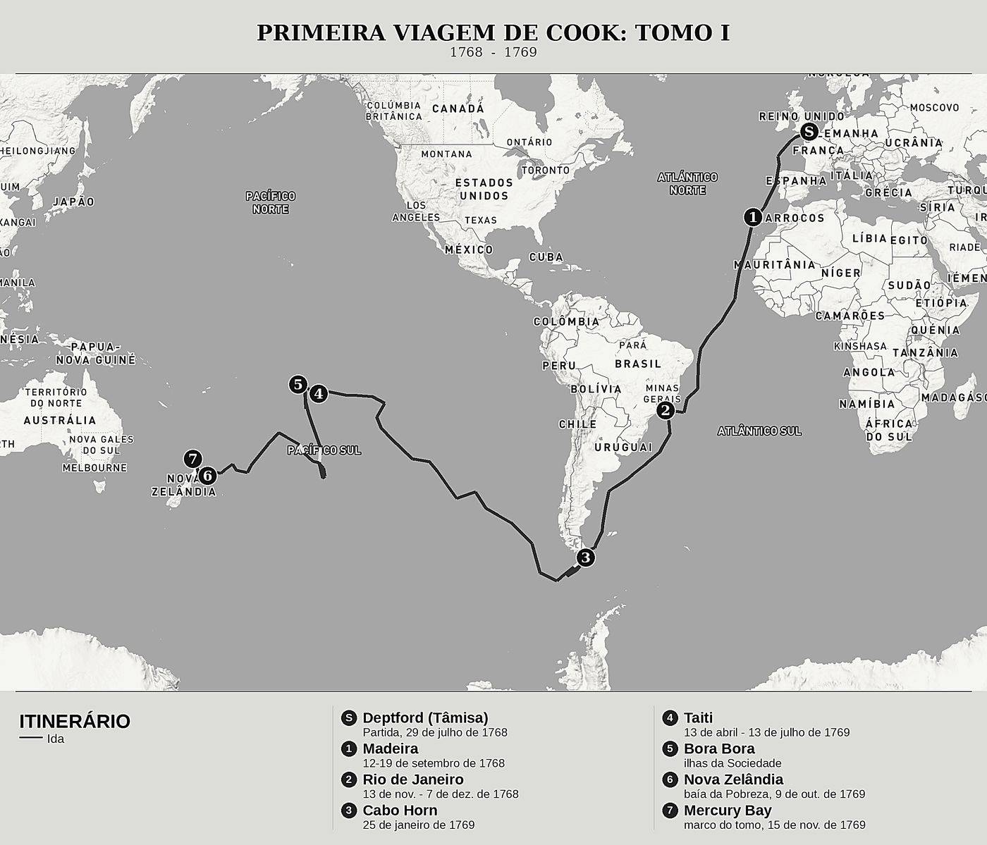 Mapa geral de O Diário do Endeavour, Tomo I: Cabo Horn, Taiti e os litorais da Nova Zelândia de James Cook, norte em cima: 1768  -  1769.
