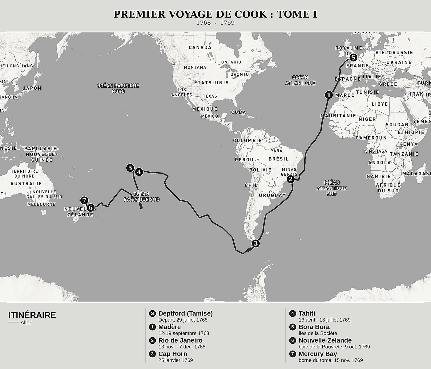Carte d'ensemble de Le Journal de l’Endeavour, Tome I : Cap Horn, Tahiti et les rivages de la Nouvelle-Zélande de James Cook, nord en haut : 1768  -  1769.