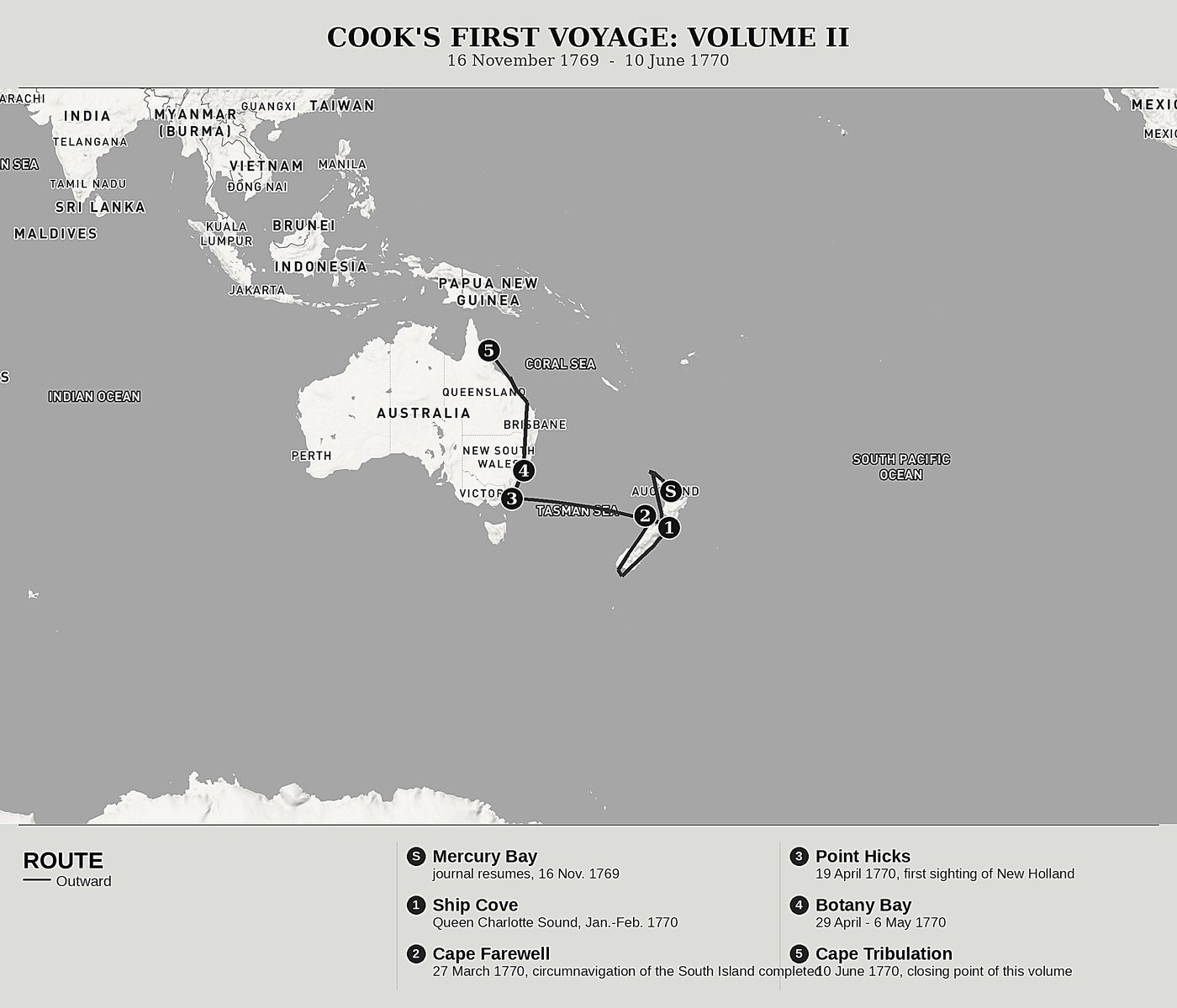 Overview map of The Journal of the Endeavour, Volume II: Around New Zealand and the Coast of New Holland by James Cook, north at top: 16 November 1769  -  10 June 1770.