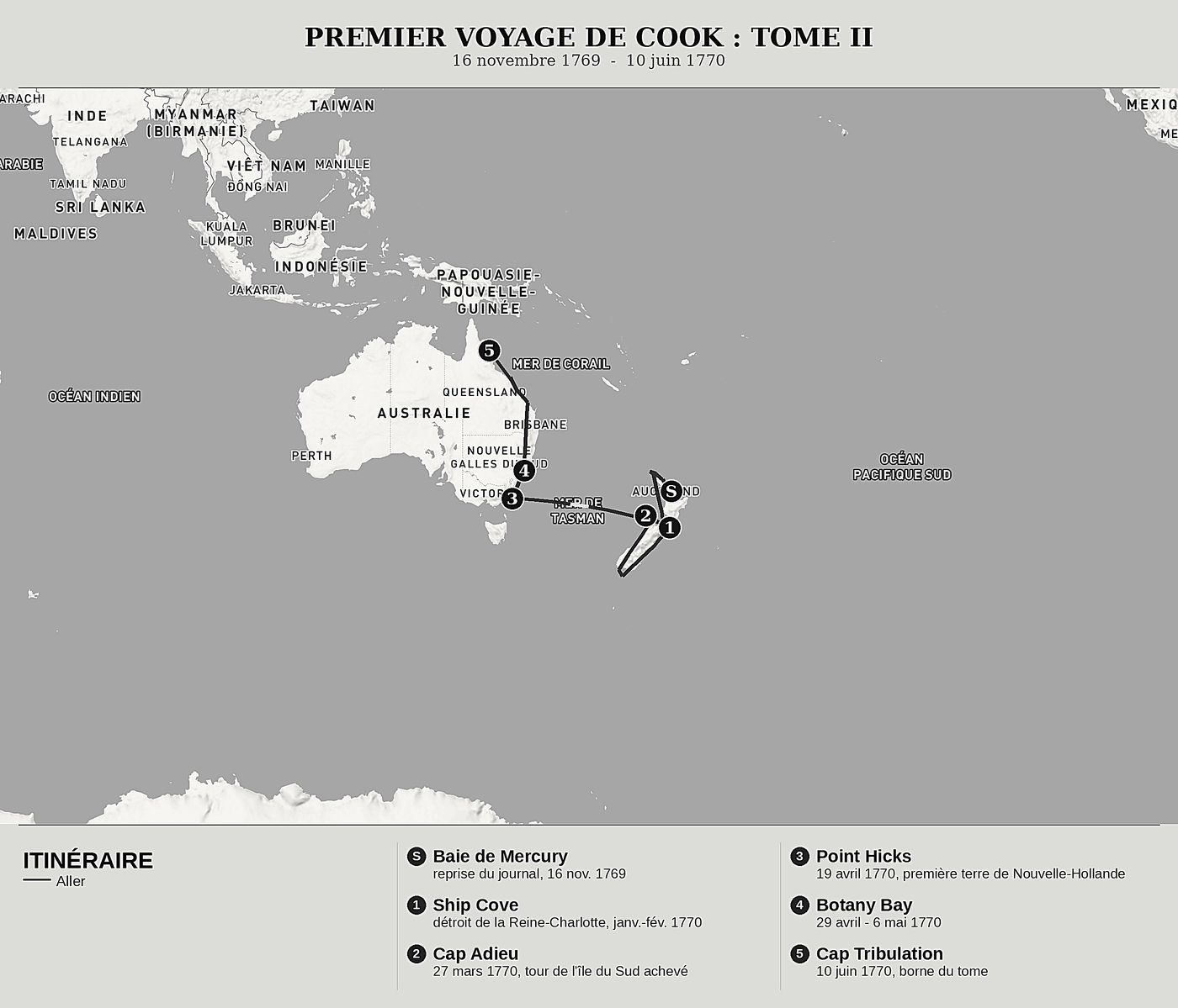 Carte d'ensemble de Le Journal de l’Endeavour, Tome II : Le tour de la Nouvelle-Zélande et la côte de la Nouvelle-Hollande de James Cook, nord en haut : 16 novembre 1769  -  10 juin 1770.