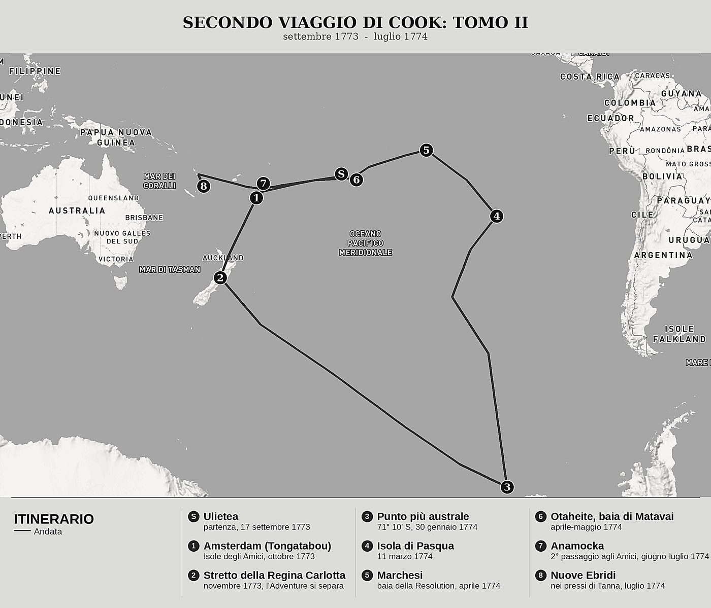 Mappa d'insieme di Cook verso il Polo Sud, Tomo II: Tonga, l'isola di Pasqua e le Marchesi di James Cook, nord in alto: settembre 1773  -  luglio 1774.