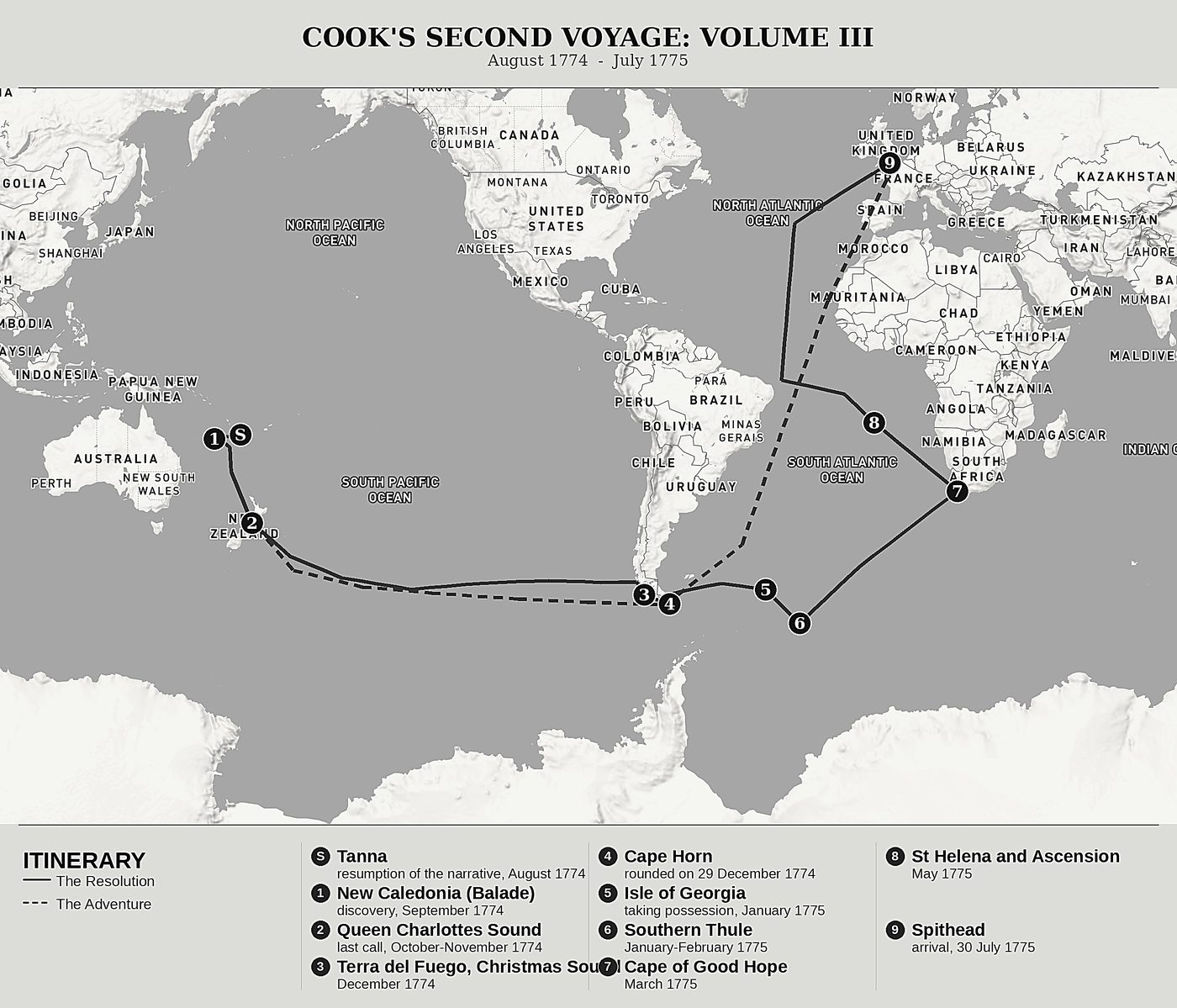 Overview map of Cook Towards the South Pole, Volume III: New Caledonia, South Georgia and the Return to England by James Cook, north at top: august 1774  -  july 1775.