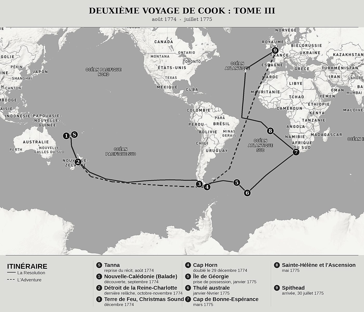 Carte d'ensemble de Cook vers le pôle Sud, Tome III : La Nouvelle-Calédonie, la Géorgie du Sud et le retour en Angleterre de James Cook, nord en haut : août 1774  -  juillet 1775.