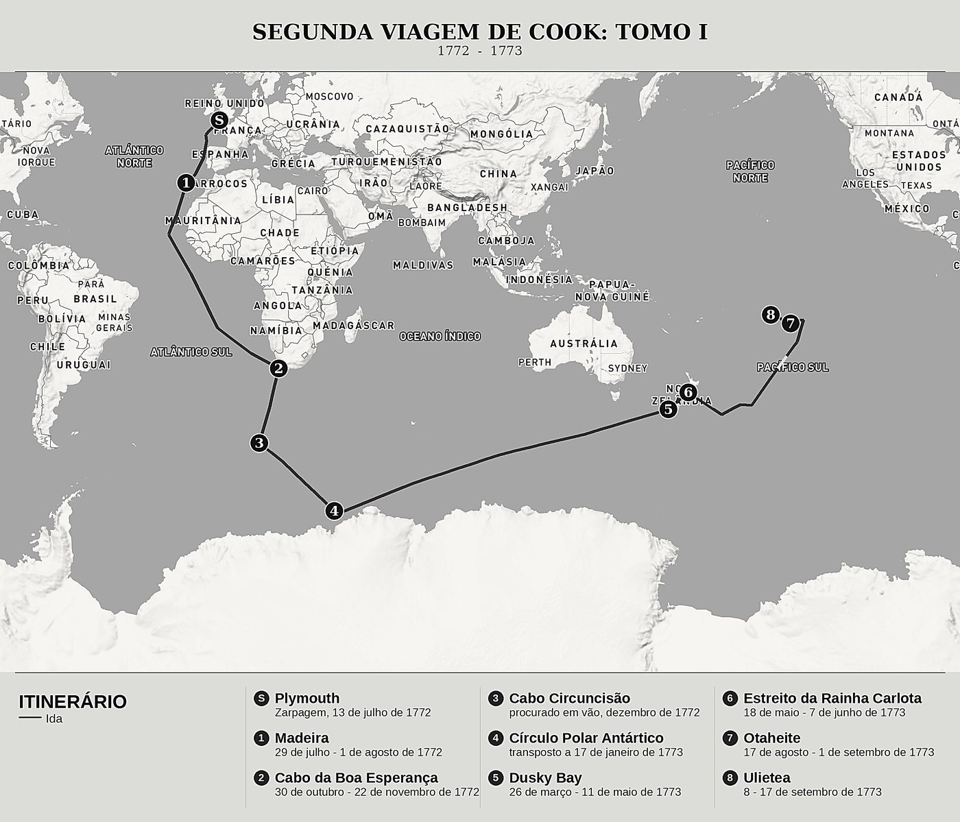 Mapa geral de Cook rumo ao Polo Sul, Tomo I: O círculo polar, a Nova Zelândia e o Taiti de James Cook, norte em cima: 1772  -  1773.