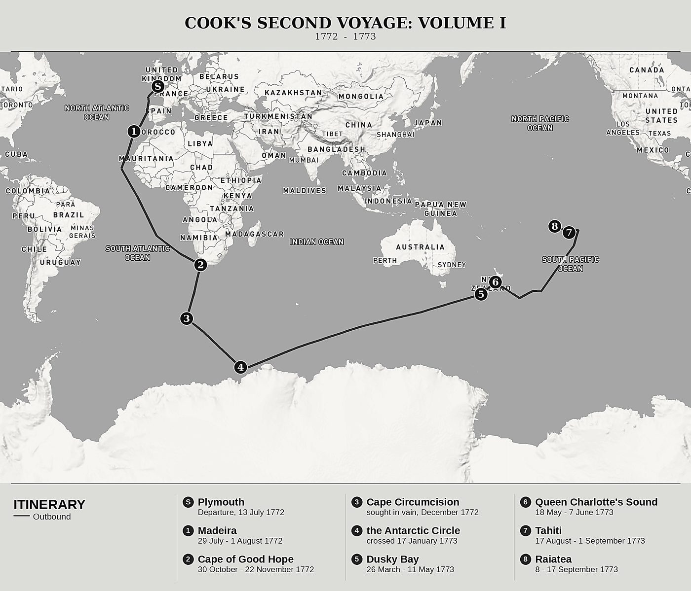 Overview map of Cook Towards the South Pole, Volume I: The Antarctic Circle, New Zealand and Tahiti by James Cook, north at top: 1772  -  1773.