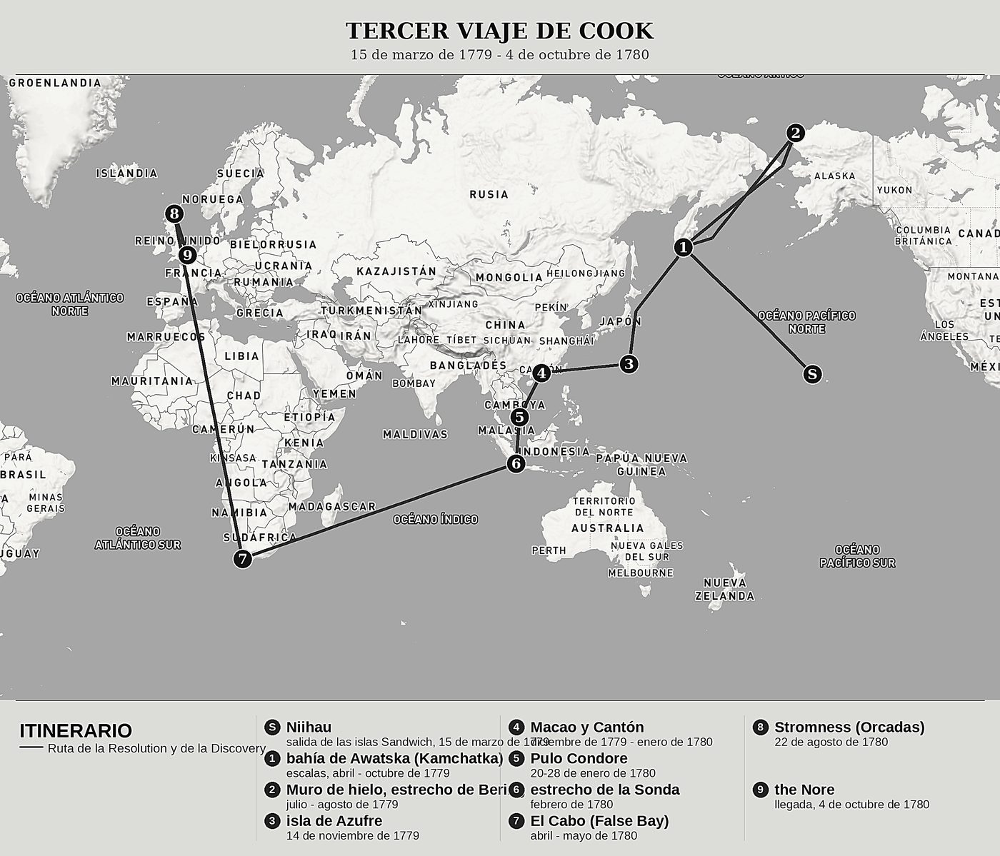 Mapa general de El último viaje de Cook, Tomo VI: El Kamchatka, Cantón y el regreso a Inglaterra de James King, norte arriba: 15 de marzo de 1779 - 4 de octubre de 1780.
