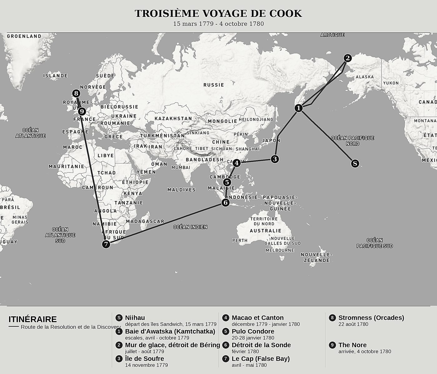 Carte d'ensemble de Le Dernier Voyage de Cook, Tome VI : Le Kamtchatka, Canton et le retour en Angleterre de James King, nord en haut : 15 mars 1779 - 4 octobre 1780.