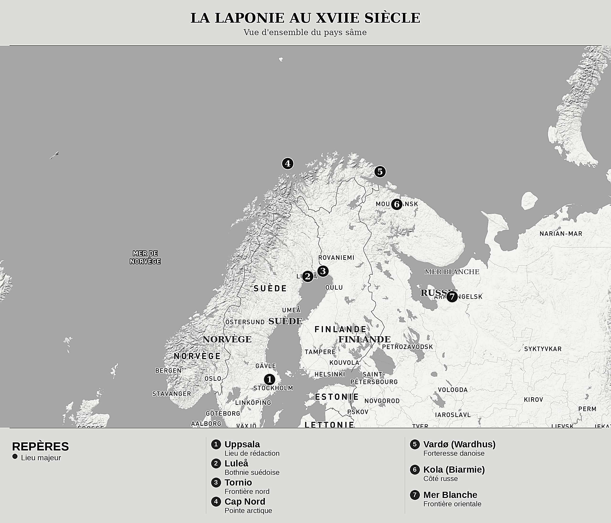 Carte de la Laponie au XVIIe siècle, nord en haut : le pays sâme réparti entre la Suède, la Norvège, la Finlande et les confins de la Russie, de la mer Glaciale arctique aux foires de Bothnie ; repères d'Uppsala, Luleå, Tornio, Cap Nord, Vardø, Kola et mer Blanche.