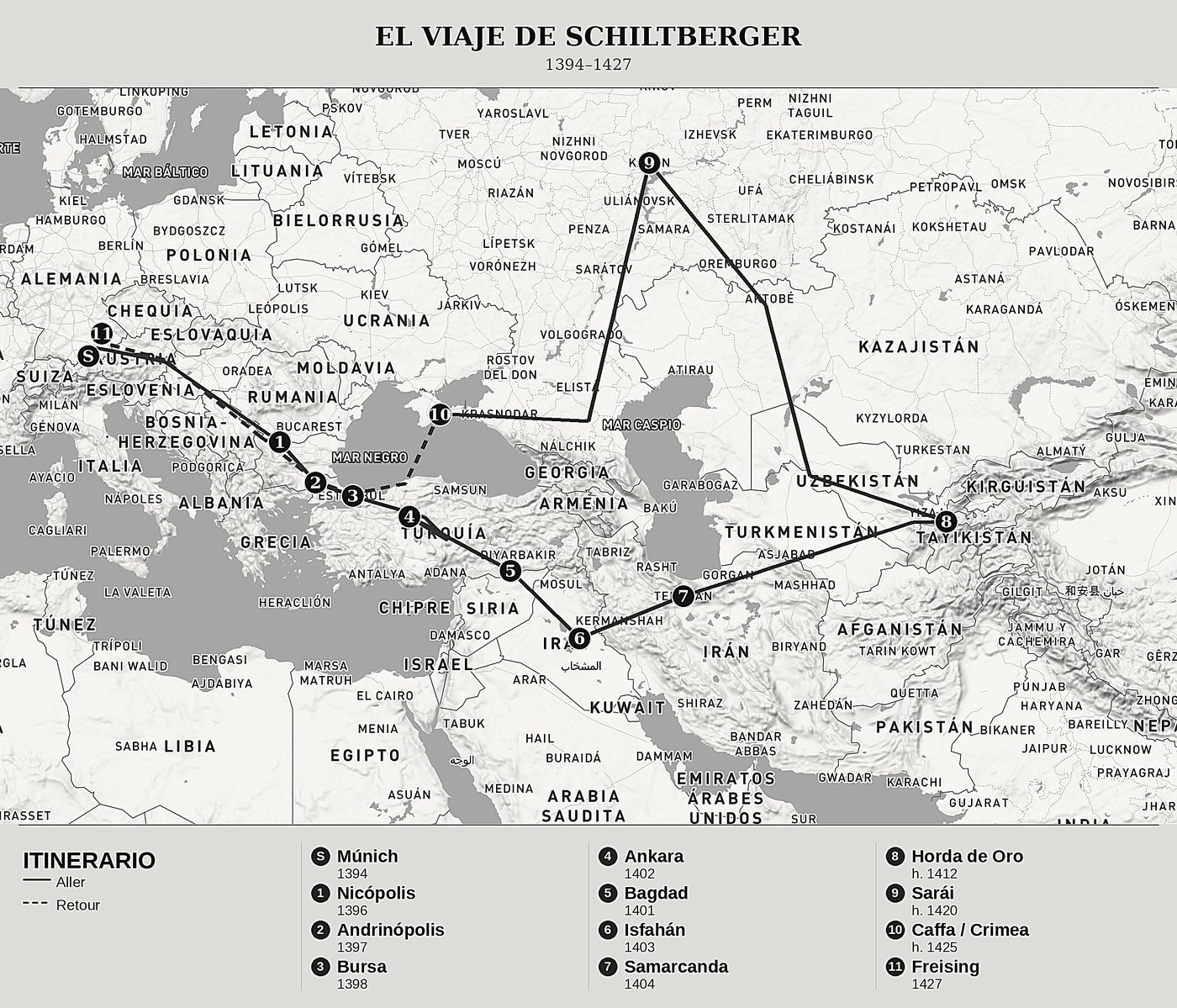 Mapa general de Cautiverio y viajes a través de tres imperios de Johannes Schiltberger, norte arriba: 1394–1427.