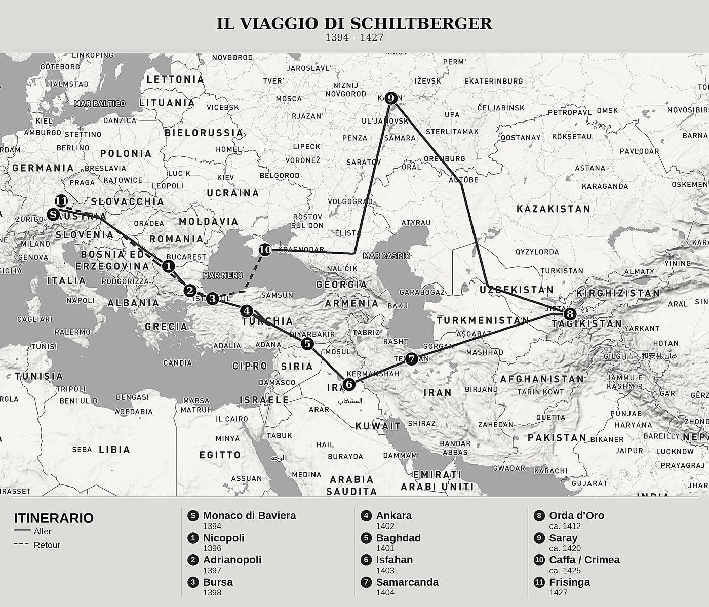 Mappa d'insieme di Prigionia e viaggi attraverso tre imperi di Johannes Schiltberger, nord in alto: 1394 – 1427.