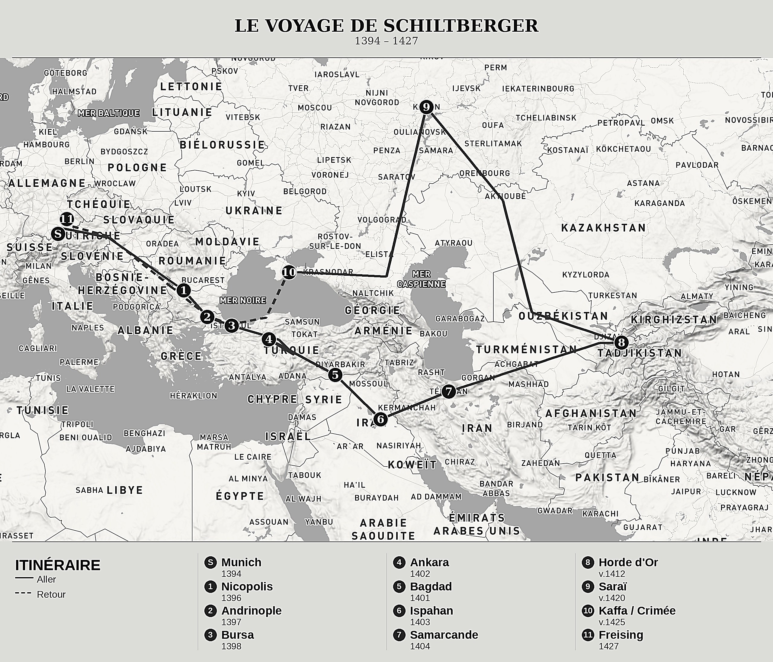 Carte d'ensemble de Captivité et voyages à travers trois empires de Johannes Schiltberger, nord en haut : 1394 – 1427.