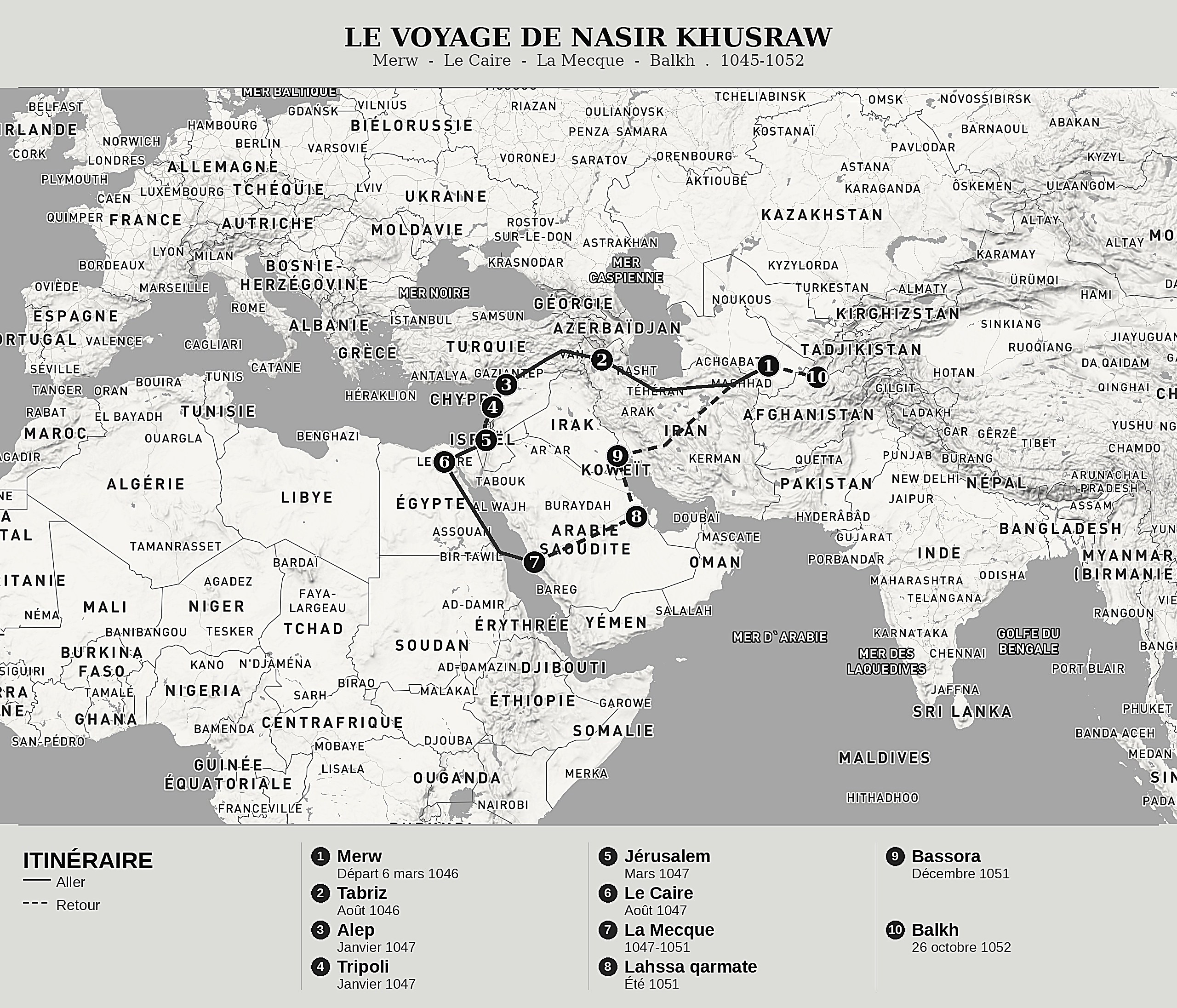 Carte d'ensemble de Safarnama de Nasir Khusraw, nord en haut : merw  -  le caire  -  la mecque  -  balkh  .  1045-1052.