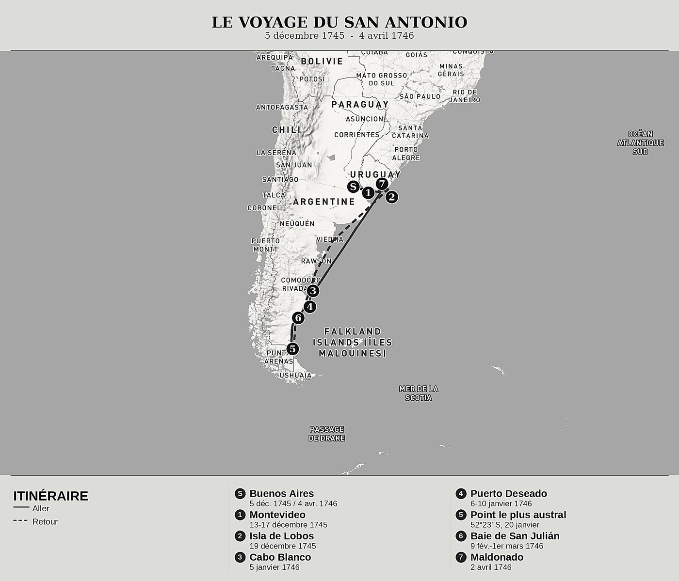 Carte d'ensemble de Journal d'un voyage en mer Magellanique de Pedro Lozano, nord en haut : 5 décembre 1745  -  4 avril 1746.