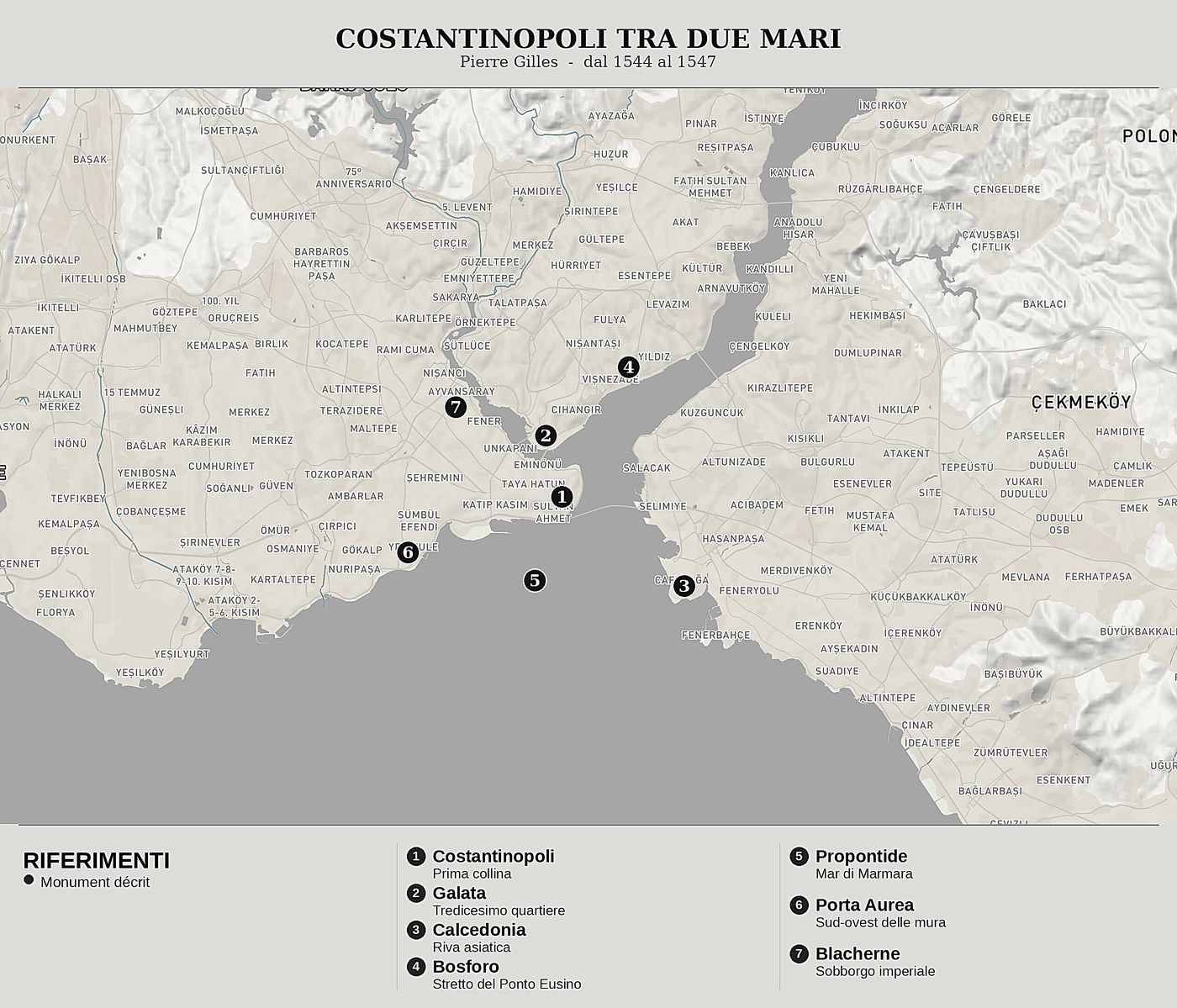 Mappa d'insieme di Le Antichità di Costantinopoli di Pierre Gilles, nord in alto: Pierre Gilles  -  dal 1544 al 1547.
